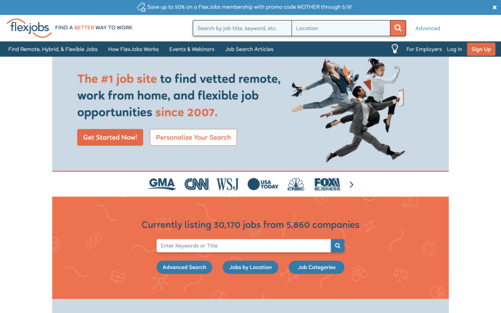 best freelancing websites Flex Jobs homescreen